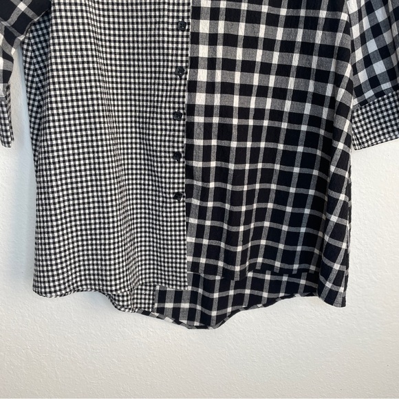 Habitat Black and White Checkered Button Tunic 3/4 Sleeve Asymmetric Hem Gingham - Picture 2 of 10